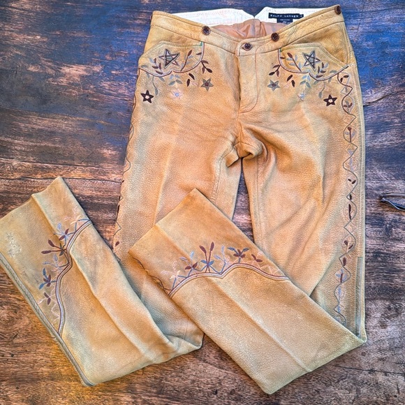 RARE Ralph Lauren blue label calf-suede tan leather embroidered western pants 6 - Picture 16 of 17